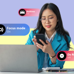 a-woman-at-a-desk-looking-at-her-phone-with-bedtime-focus-mode-and-do-not-disturb-ui-labels-displayed-around-her