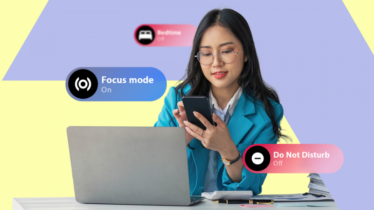 a-woman-at-a-desk-looking-at-her-phone-with-bedtime-focus-mode-and-do-not-disturb-ui-labels-displayed-around-her