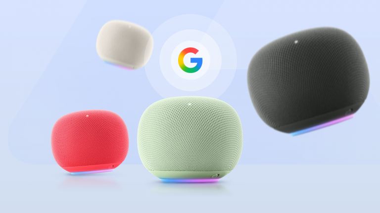 google-home-speakers-in-multiple-colors-float-around-the-google-logo