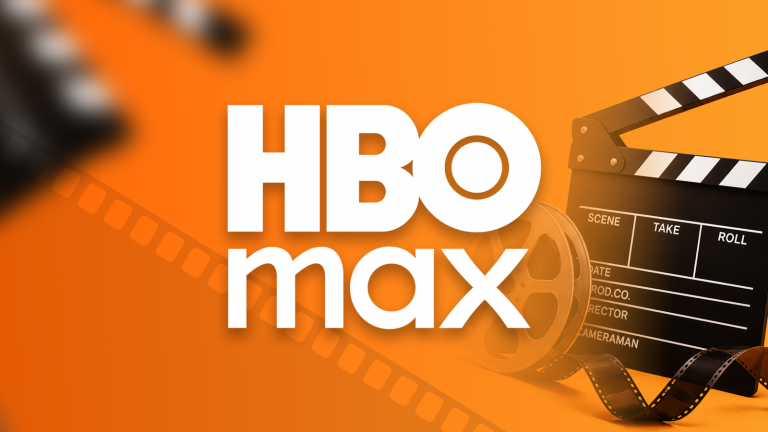 hbo-max-logo-over-an-orange-background-with-film-reels-a-clapperboard-and-movie-film-strips