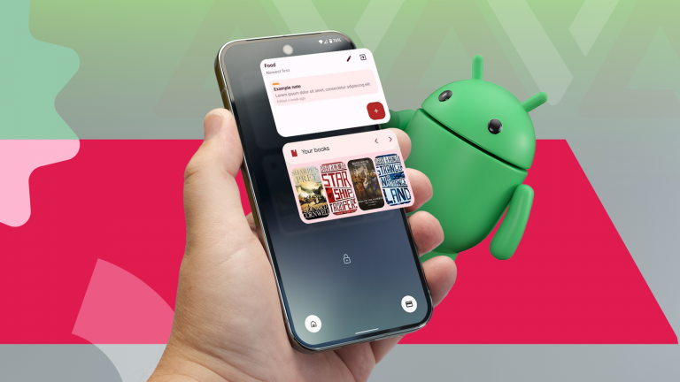 a-hand-holding-a-pixel-10-displaying-lock-screen-widgets-with-a-3d-android-mascot-peering-from-behind