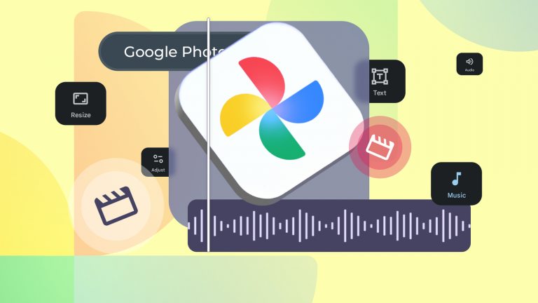 google-photos-logo-over-a-video-editing-timeline-with-music-and-editing-tools