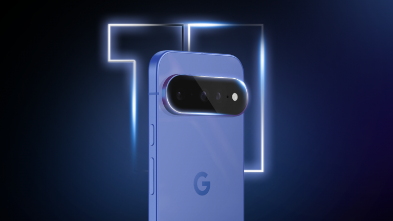 google-pixel-11-seen-from-the-back-with-a-glowing-light-around-the-camera-bar-on-a-dark-blue-background