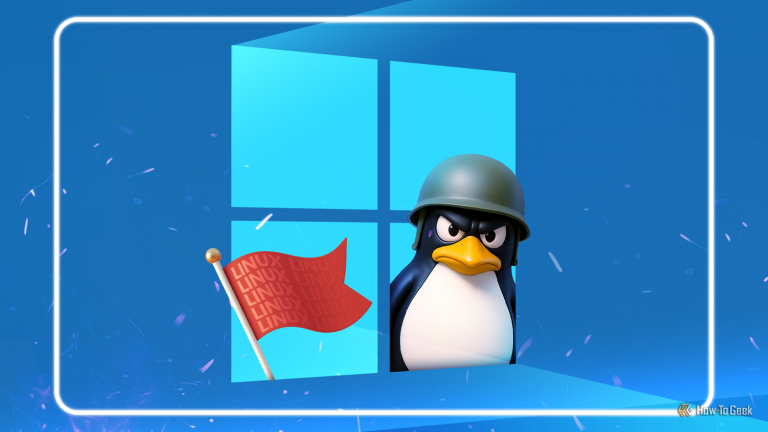 linux-mascot-tux-wearing-a-military-helmet-emerging-from-a-windows-logo-window-with-a-red-linux-flag-planted-nearby