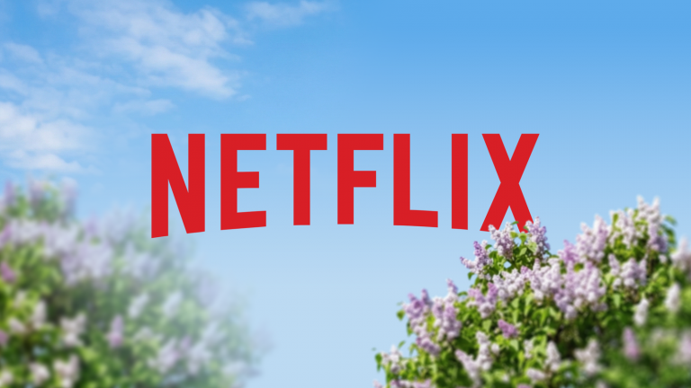 netflix-logo-against-a-clear-blue-sky-with-blurred-purple-flowers